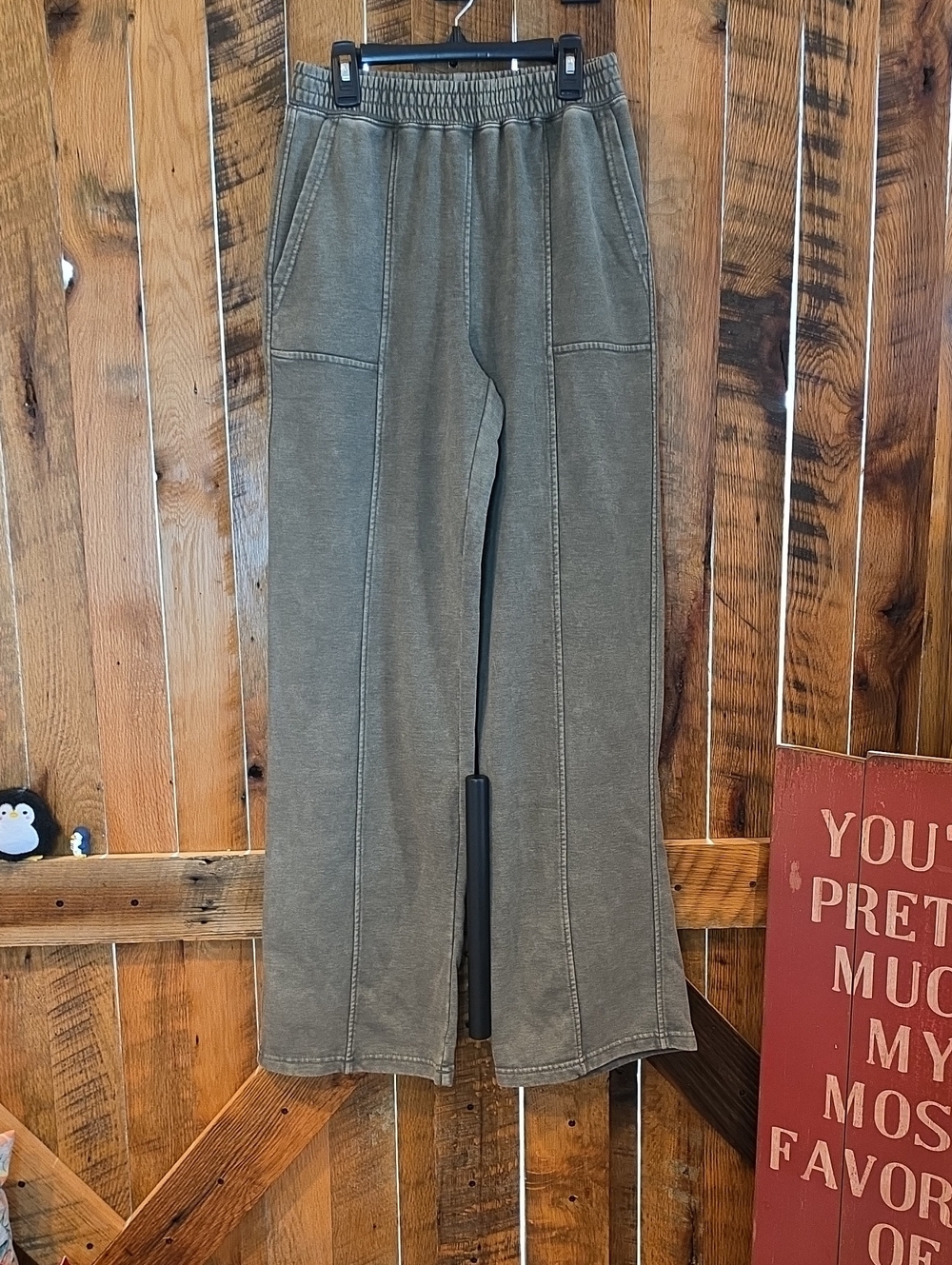 124p Women's Olive Wide-Leg Track Pants with Panel Seams